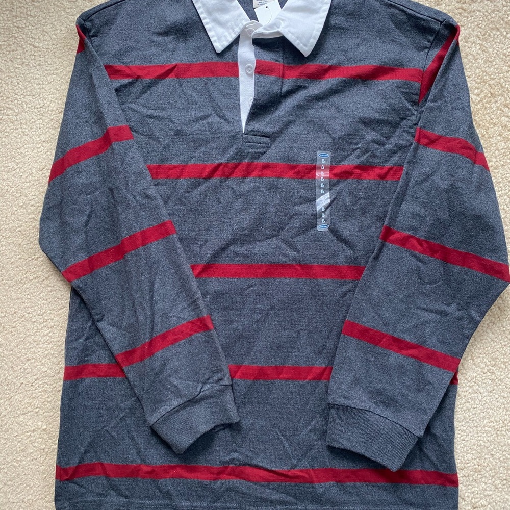 Old Navy Men’s Charcoal and Crimson Striped Long Sleeve Shirt